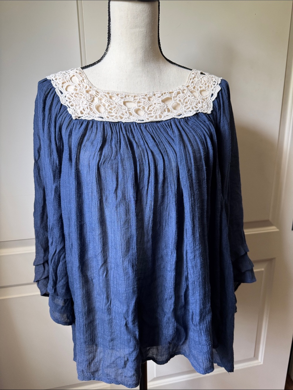 entro Navy Blue Tunic Top with Cream Crochet Yoke